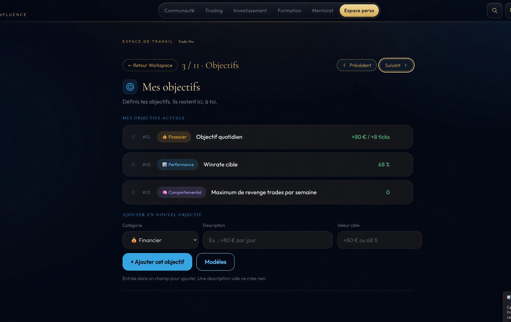 Le casier « Mes objectifs » : financier, performance, comportemental