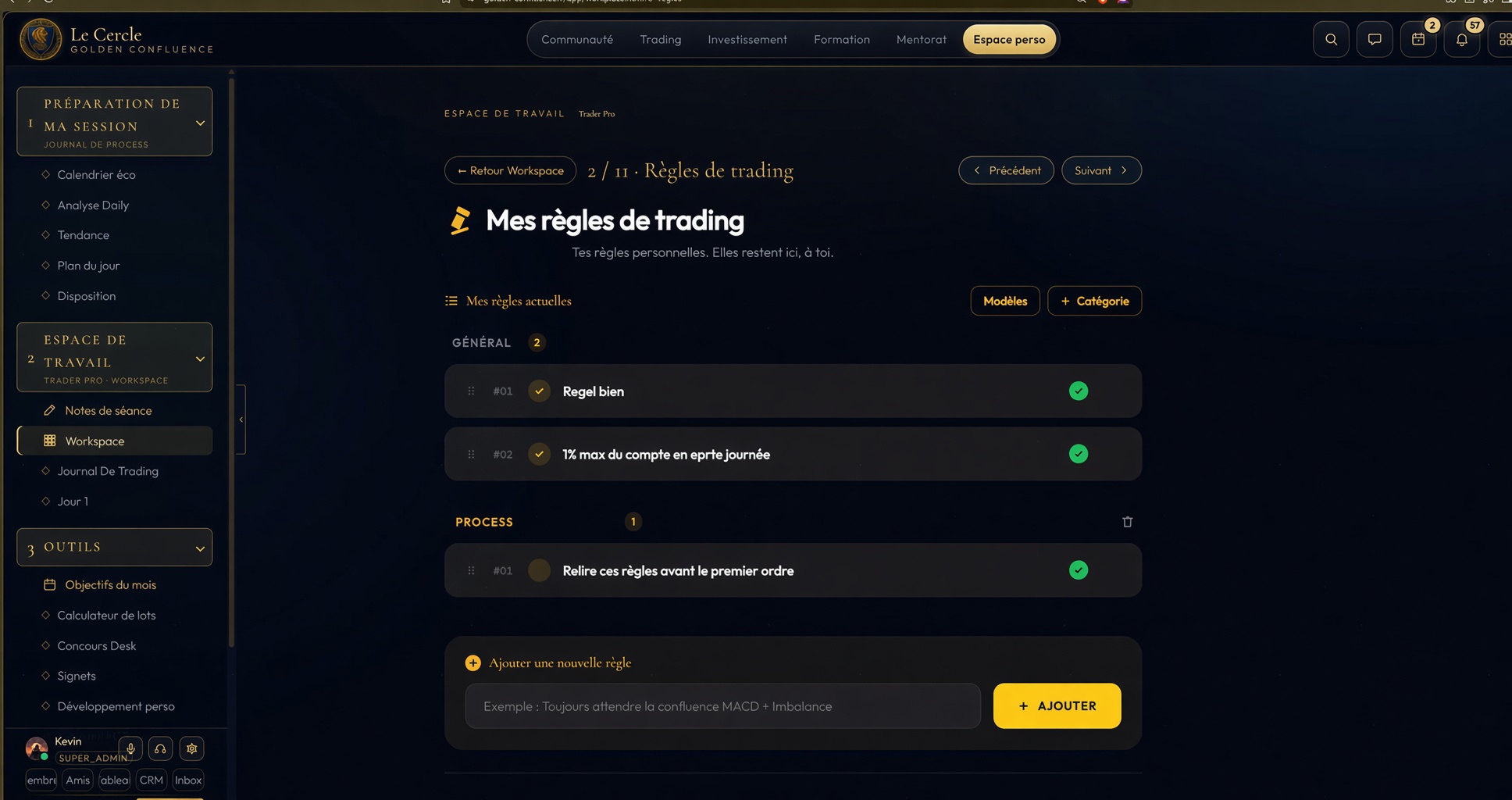 Le casier « Mes règles de trading » du Workspace