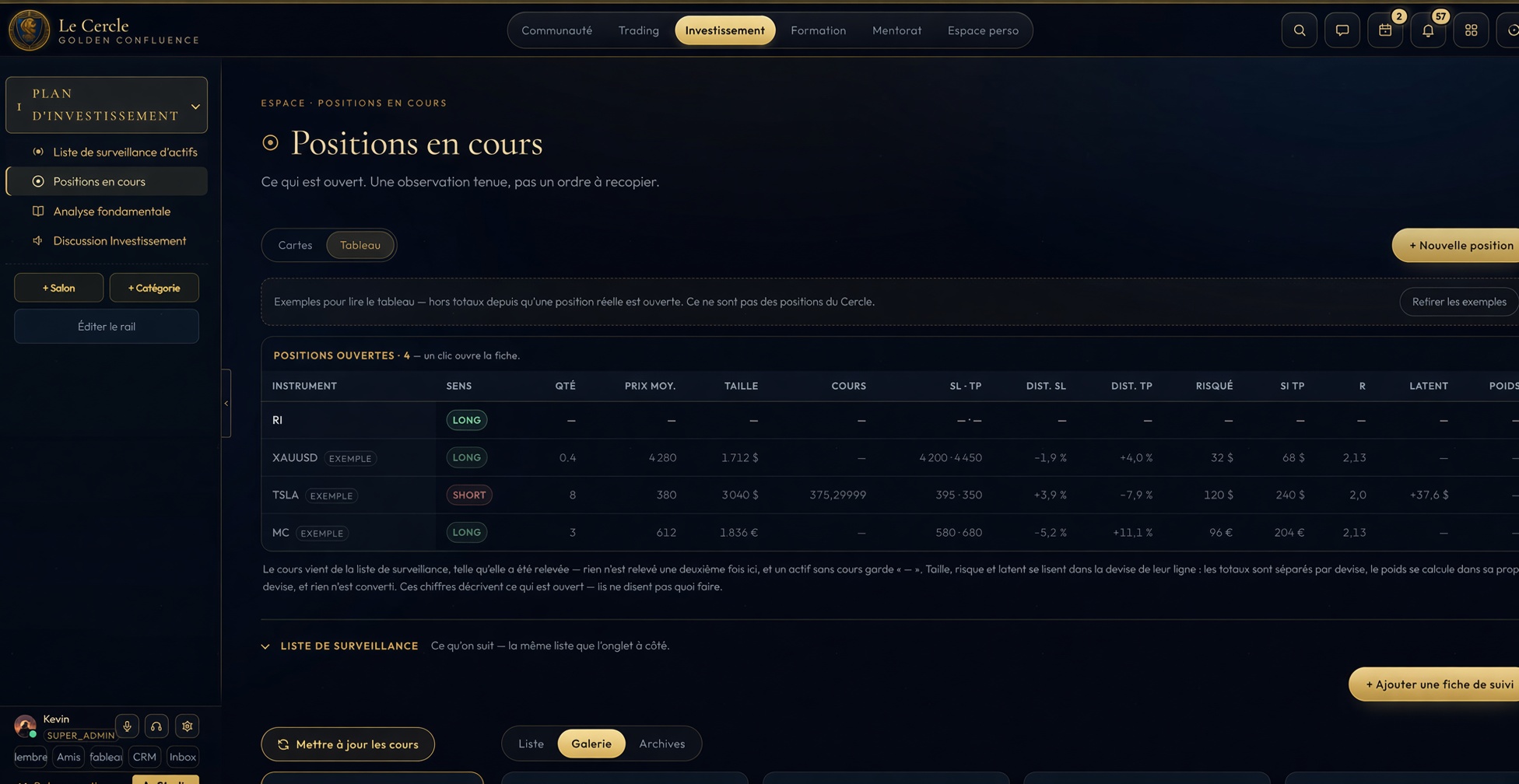 Le tableau des positions en cours de l’espace Investissement